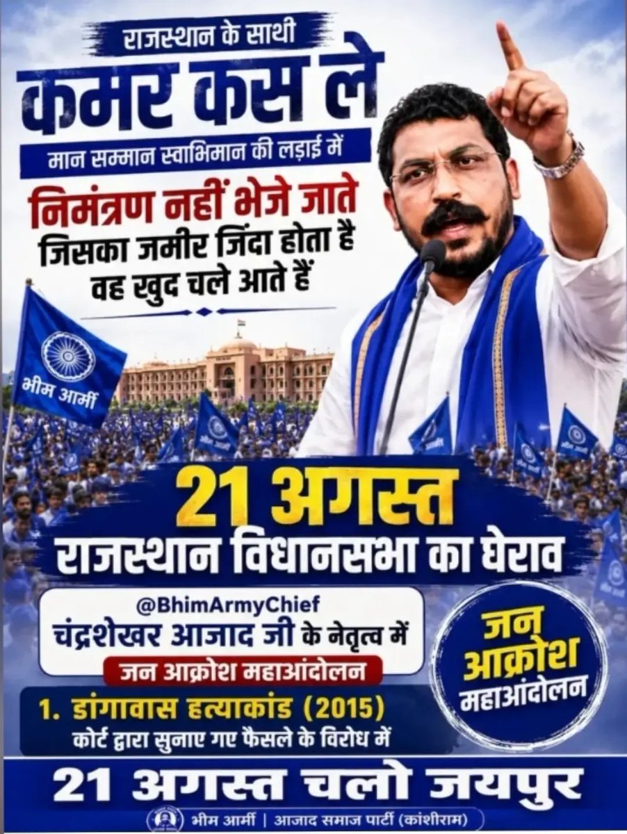 IamMhk01's tweet photo. आजाद समाज पार्टी (कांशीराम) के माननीय राष्ट्रीय अध्यक्ष एवं नगीना सांसद माननीय एड. चन्द्र शेखर आजाद जी के नेतृत्व में डांगावास हत्याकांड को लेकर विधानसभा घेराव
दिनांक 21अगस्त 2026
स्थान - जयपुर, राजस्थान
#bhimarmychife_ #चंद्रशेखर_आजाद #bhimarmy #bhimarmychief #chandersekharazad https://t.co/dhAKGInROr