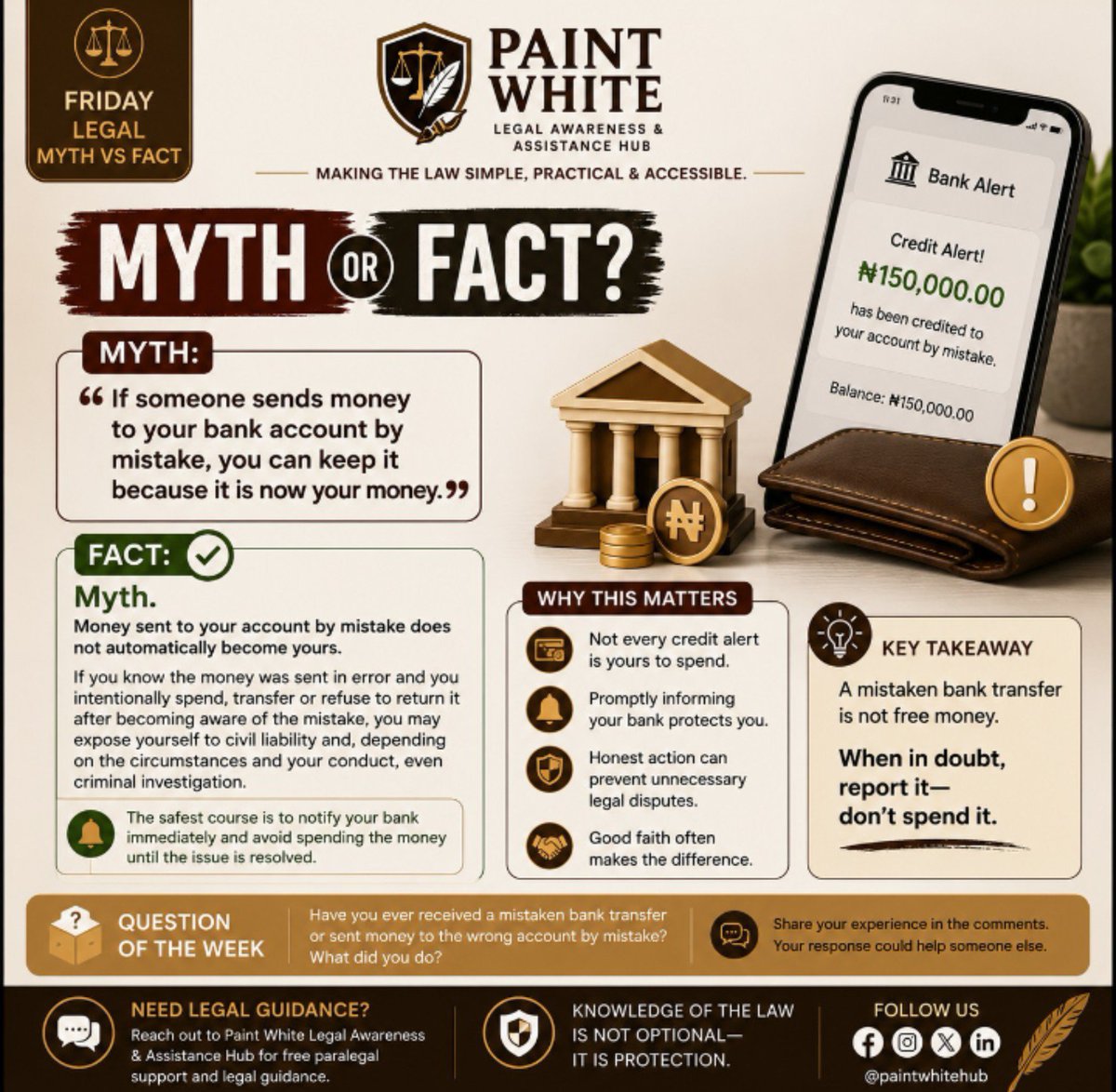 PaintWhite96132's tweet photo. Receiving money by mistake is different from becoming legally entitled to it.
The law generally expects a person who receives money that clearly does not belong to them to act honestly and in good faith.
Using the money after realizing it was sent by mistake can create issues https://t.co/xypyNjk3ce