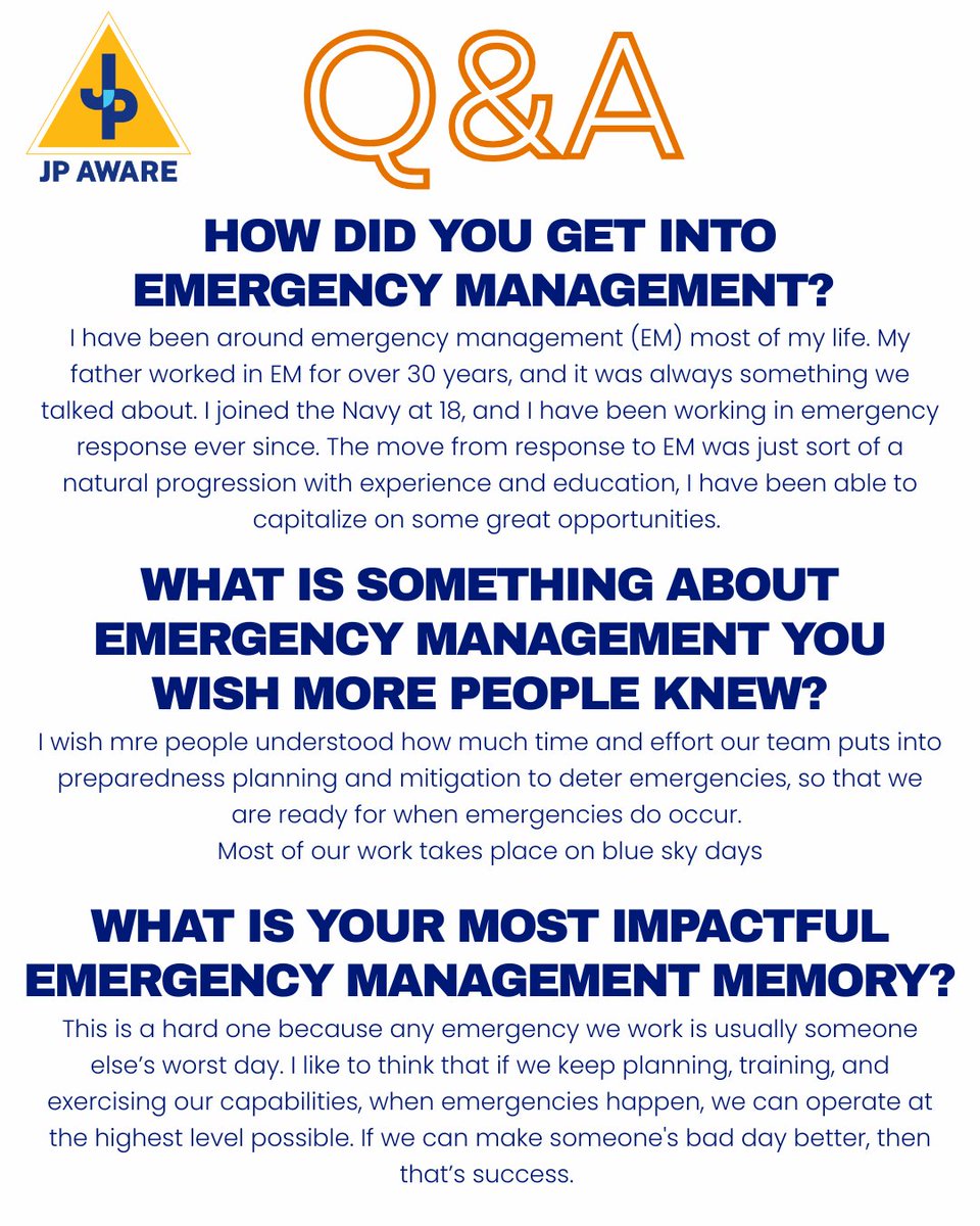 jp_aware's tweet photo. Director Raymond Guedry joined the Jefferson Parish Emergency Management team this February. 
In hopes to introduce himself, Ray has answered a few questions to share his experience and plans for our community. #KnowYourEmergencyManager #JeffersonParish #JPAware https://t.co/jgnztuyGvY