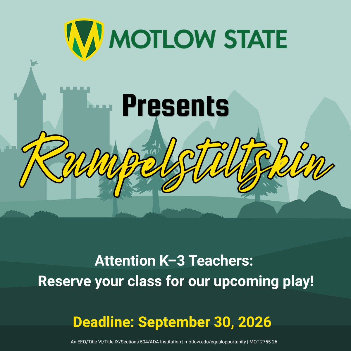 MotlowState's tweet photo. Motlow Presents: Rumpelstiltskin (K-3rd)! Performances Nov 5,6,11,12 &amp; 13. 
Reserve by 9/30/26. Contact Sequetia Smith: Humanities@mscc.edu | (931) 393-1709 https://t.co/VOWBvz3Q09