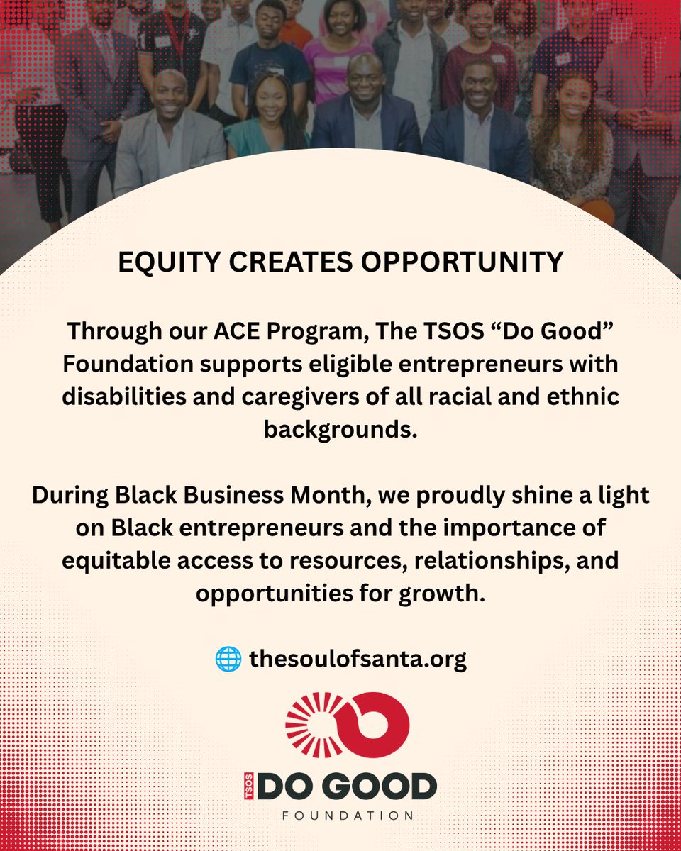 TheSoulofSanta's tweet photo. 💡 Black Business Month celebrates Black entrepreneurs and highlights the need for equitable access to funding, mentorship, networks, and growth opportunities.

Our ACE Program supports eligible entrepreneurs with disabilities and caregivers of all racial and ethnic backgrounds. https://t.co/xOHJu4ynFr