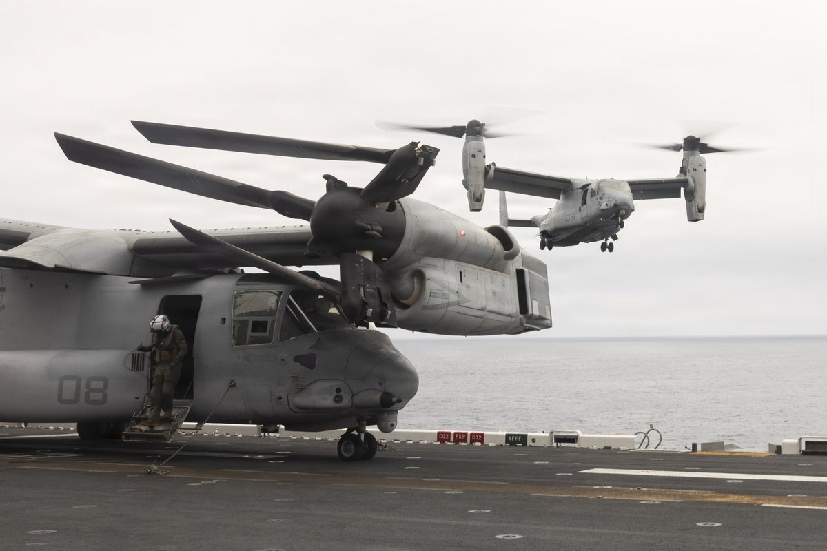 USMC's tweet photo. #Marines assigned to the 13th Marine Expeditionary Unit unload gear from an MV-22B Osprey while aboard the USS Makin Island (LHD 8) during routine training off the coast of California. 

The 13th MEU and the Makin Island Amphibious Ready Group are underway and carrying out routine operations in the U.S. 3rd Fleet area of operations.

#MarineCorps #USMC #SemperFi