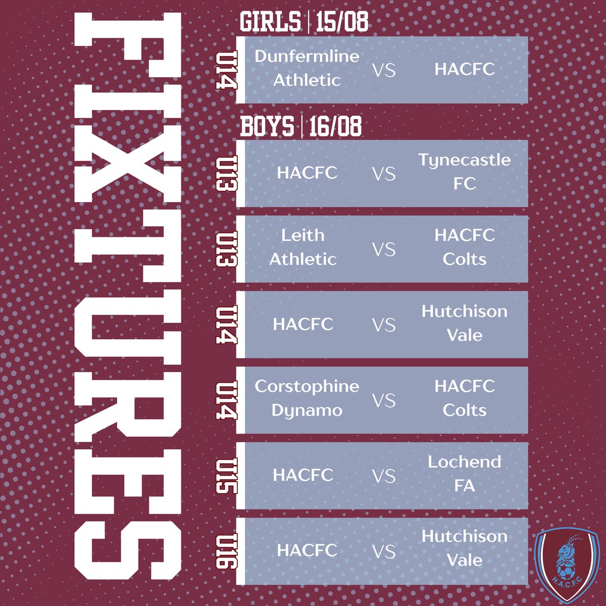 HaddingtonACFC's tweet photo. Fixtures are back with August 15th &amp; 16th games ⚽️🤩

This weekend is the start of our 2026/27 season!

Good luck to our 7 teams playing over the weekend! Have fun and good luck 👏 https://t.co/Bwl4fx6K7v
