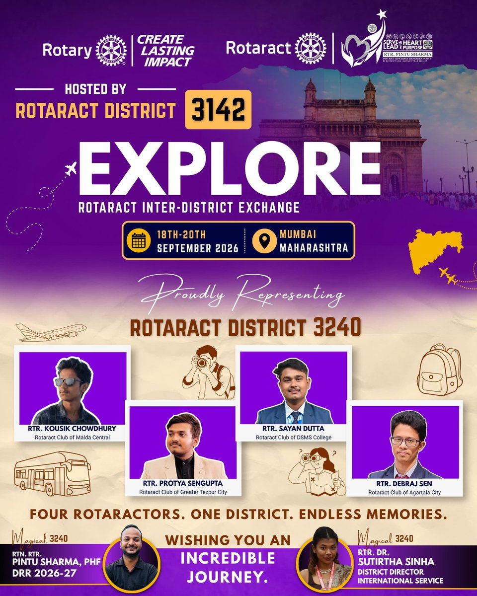 DRRPintuSharma's tweet photo. 🌍 EXPLORE 2026 — Beyond Borders, Beyond Bonds!

Four Rotaractors. One District. Endless Memories. ❤️

Proudly representing Rotaract District 3240 at EXPLORE 2026 – Rotaract Inter-District Exchange, hosted by Rotaract District 3142 in Mumbai, Maharashtra. https://t.co/9Ahsm9OXJM