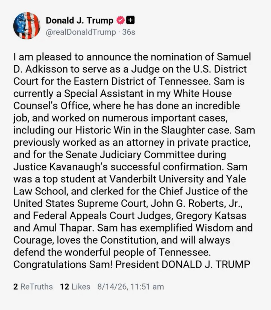 SenatorHagerty's tweet photo. I am honored to support @POTUS’s nomination of Samuel Adkisson to be District Judge for the Eastern District of Tennessee. A top graduate of Vanderbilt University, Adkisson’s background includes serving as a law clerk for U.S. Supreme Court Chief Justice John Roberts, as well as two outstanding federal appellate judges, not to mention his service as associate counsel to the most demanding client in the world—the President of the United States.  

He will bring Volunteer State values to the bench and uphold the high standards of our federal judiciary.  I will work tirelessly towards his prompt confirmation.