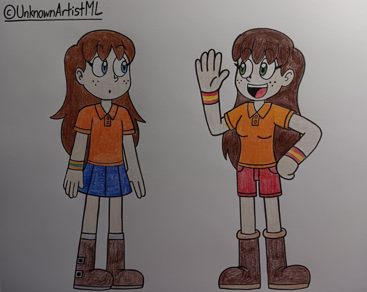 UnknownArtistML's tweet photo. Starla Ando, first design and her current design.

Only those who followed me for more than six years since 2020 will remember Starla used to have blue skirt before she transitioned to red shorts! (And green eyes!)

[ #UnknownArtistML | #OC | #Starla | #TraditionalArt ] https://t.co/BDZxqB0LOF