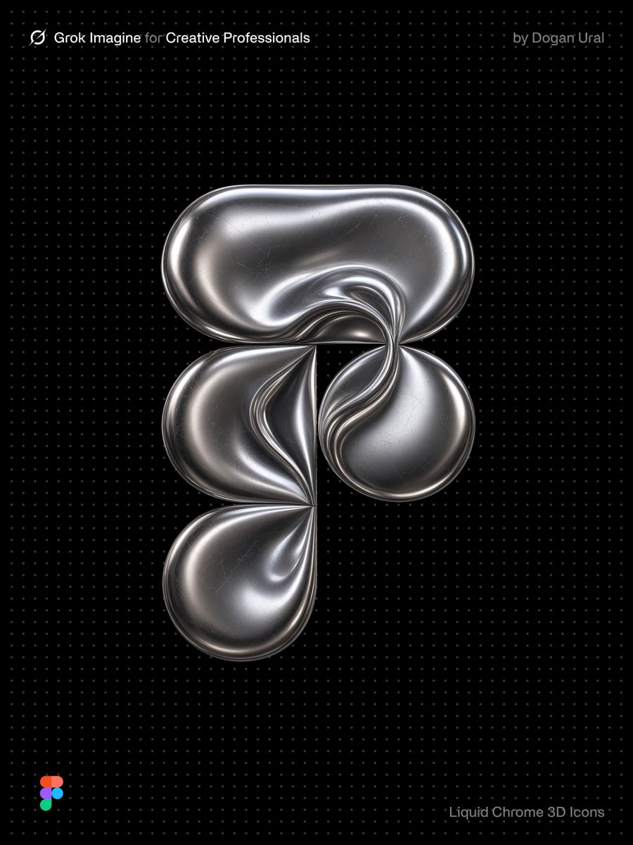 doganuraldesign's tweet photo. Liquid Chrome 3D Icons / Imagine Image 2.0

Upload your image and use this prompt:

Transform the uploaded logo into a premium 3D render, preserve the original logo shape, proportions, silhouette, structure and recognizable design, completely disregard the original logo colors, render the entire logo in a unified neutral liquid chrome material, mirror-polished metallic surface, flowing molten-metal appearance, smooth reflective contours, subtle fluid deformation, fine hairline scratches, tiny surface abrasions, scattered micro-scuffs, subtle signs of wear, slightly imperfect polished metal, realistic metal reflections, deep metallic depth, sharp specular highlights, polished 3D rendering, dramatic studio lighting, controlled reflections, subtle ambient occlusion, monochromatic metallic appearance, clean high-contrast presentation, centered composition, isolated single logo, solid pure black background, premium product-render aesthetic, ultra high resolution