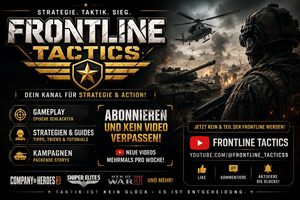Markus97161031's tweet photo. 🎖️ FRONTLINE TACTICS 🔥
Strategie • Taktik • Action 🎮
🎯 Company of Heroes 3
💥 Epische Schlachten
🧠 Strategien &amp; Tipps
👉 Jetzt abonnieren &amp; Teil der Frontline werden!
https://t.co/yWFgqrnzyA
TAKTIK IST KEIN GLÜCK – ES IST ENTSCHEIDUNG. https://t.co/hPDG2QNTrV