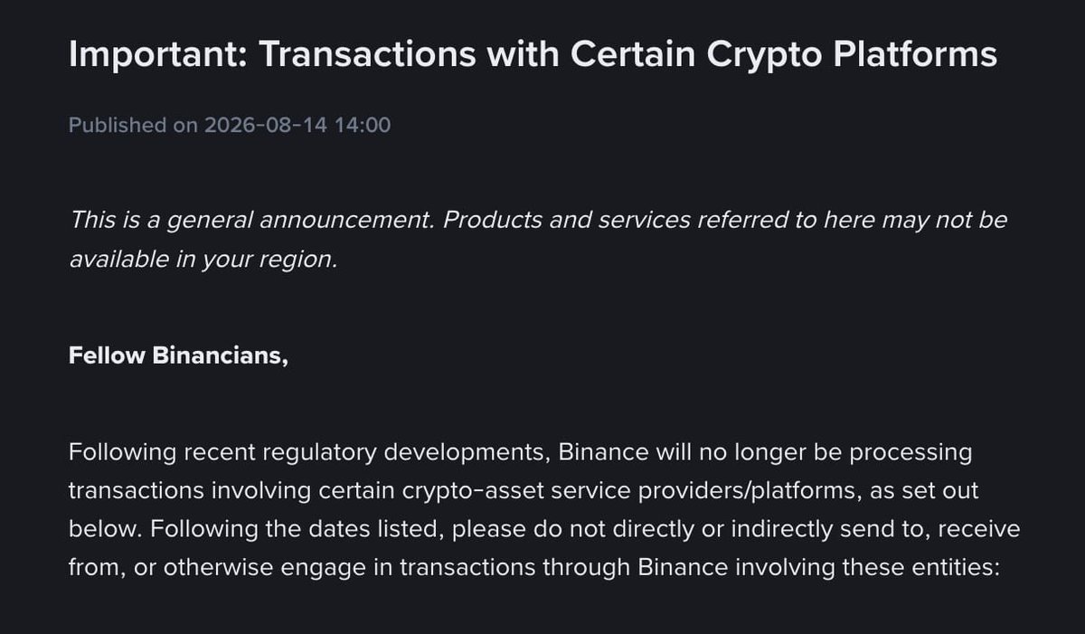 whitee_rhinoo's tweet photo. #Binance is cutting ties with over a dozen #crypto platforms to stay compliant with global #sanctions - Major entities like #HTX #EXMO and #BitPapa face blacklisting by August 23, and Binance warns any #transfer attempts involving these platforms could trigger instant #account #restrictions

#MarketUpdate #StockMarket #USA #stocks #Bullish #bearish #TRUMP $Trump #America #DonaldTrump #rates #GlobalTrade #altcoin #altcoins #altseason #coin #coins #token #cryptocurrency #UnitedStates #BNB $BNB #BNBChain