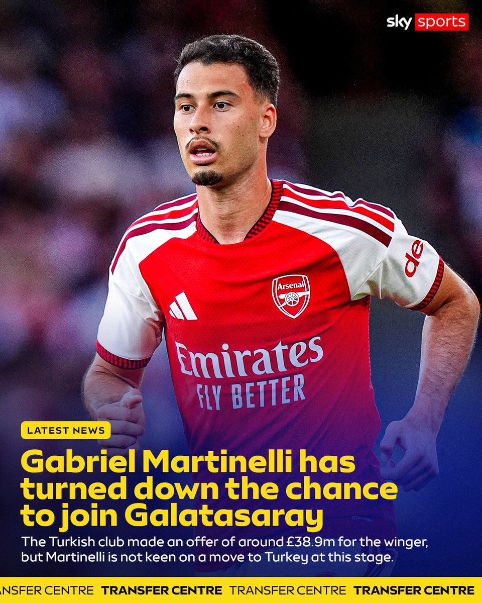 SkySportsPL's tweet photo. Arsenal forward Gabriel Martinelli has turned down the chance to join Galatasaray ❌ https://t.co/AlOWXEuxU4