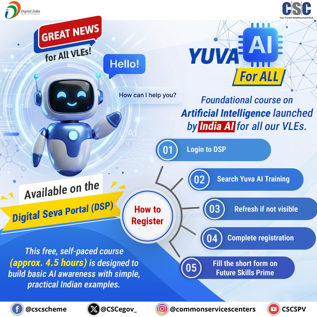 CSCegov_'s tweet photo. “YUVA AI for ALL” foundational course on Artificial Intelligence launched by India AI for all our VLEs.

This free, self-paced course (approx. 4.5 hours) is designed to build basic AI awareness with simple, practical Indian examples.

📍Available on the Digital Seva Portal (DSP)

How to Register:
 1⃣Login to DSP
 2⃣Search Yuva AI Training
 3⃣Refresh if not visible
 4⃣Complete registration
 5⃣Fill the short form on FutureSkills Prime

#IndiaAI #AIForGovernance #ResponsibleAI #CSC #MissionAI #DigitalIndia
