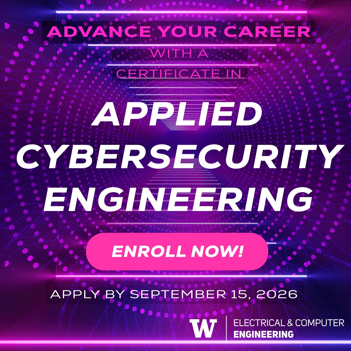 Abstract pink and purple graphic for UW ECE Applied Cybersecurity Engineering certificate program.