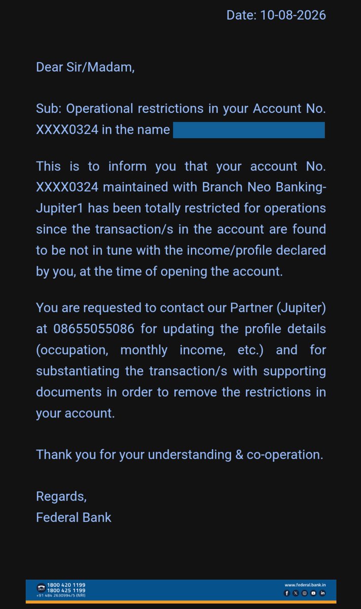 SamarRathore9's tweet photo. Is the Banking System Above the High Court?

It is extremely shameful that despite repeated High Court judgments emphasizing proportionality in cybercrime-related account freezes, my entire @FederalBankLtd  account has been frozen over a disputed amount of just ₹51.

If only ₹51 is allegedly connected to a cybercrime complaint, why should my entire account and all my legitimate funds be blocked?

Courts have repeatedly directed that, where appropriate, banks should restrict/lien only the disputed amount and allow the account holder to operate the remaining balance.

So my simple question to @FederalBankLtd  and the concerned authorities is:

Are banks and police authorities above the High Court?

If not, why is my entire account being restricted for ₹51?