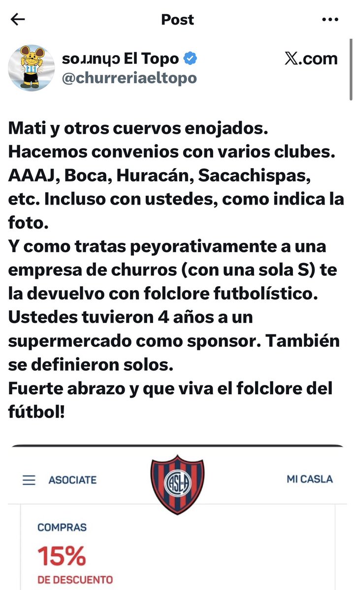 RefuerzosCASLA's tweet photo. ¿Por qué borran, @churreriaeltopo?
Para boquear hay que bancarse las consecuencias después.
Dejo captura de pantalla. https://t.co/hZL0ljWiWU