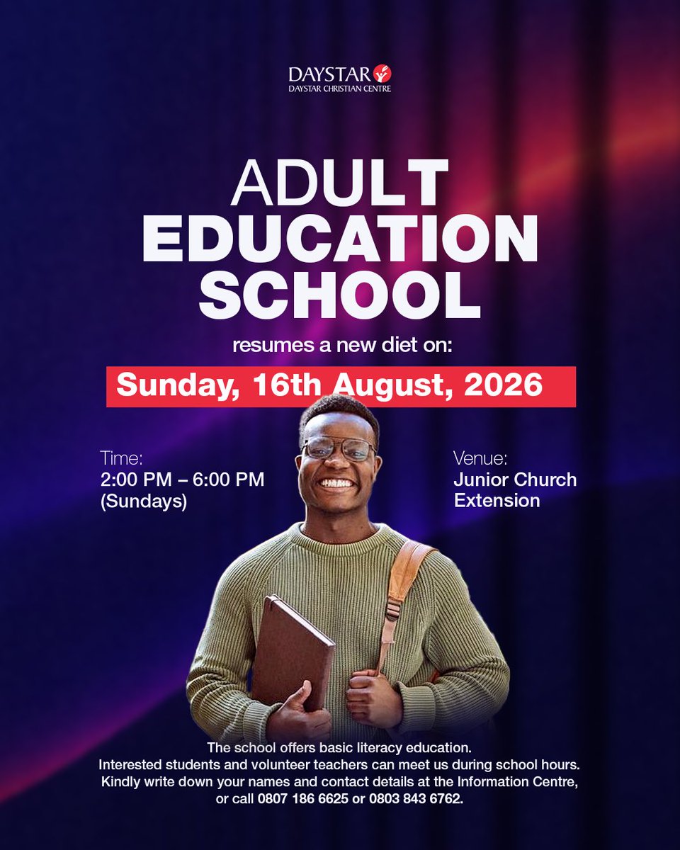 DaystarNG's tweet photo. It’s never too late to learn!
A new chapter begins this Sunday. ✨
Join Adult Education School and take that bold step toward greater knowledge, confidence, and opportunity.

📆Sunday, 16th August
⏰ 2–6 PM
📍A3C Ikosi Road, Oregun Lagos. Daystar Christian Centre. Junior Church Extension.

Your story can still be rewritten. 💙

#AdultEducationSchool #EducationForAll #NewBeginnings #AdultLearning #DaystarChristianCentre