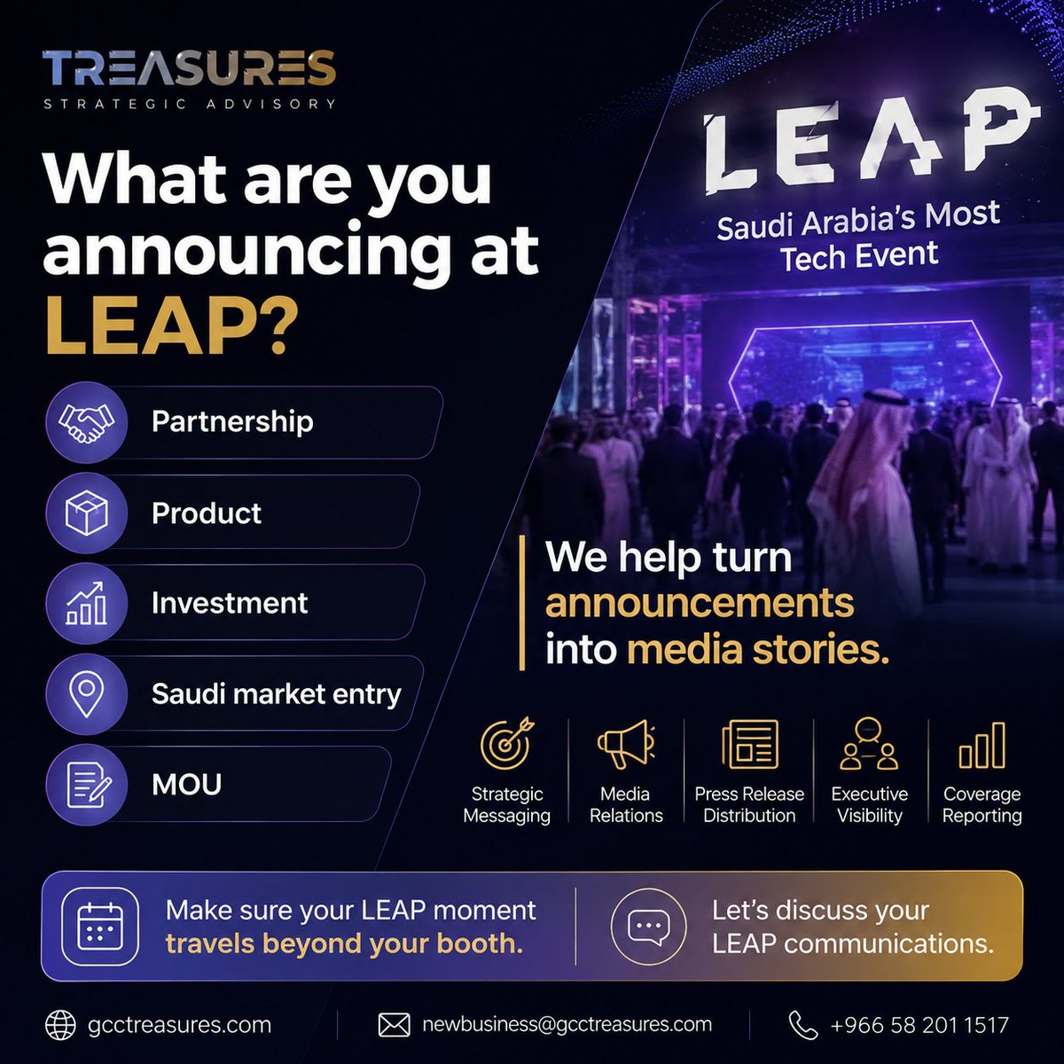 Treasuresad's tweet photo. What are you announcing at LEAP 2026?

At Treasures Strategic Advisory, we help turn your announcements into media stories that travel beyond your booth.

#LEAP2026 #LEAPSaudi #SaudiArabia #PublicRelations #MediaRelations #StrategicCommunications #PressRelease #TechPR #SaudiTech https://t.co/BgBCHgGxI2