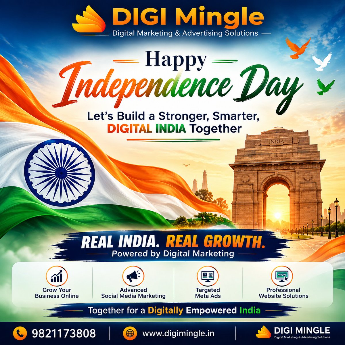 digimingle's tweet photo. 🇮🇳 Happy Independence Day! 🇮🇳

Freedom gave us the opportunity to dream.
Technology gives us the power to take those dreams further. 🚀
This Independence Day, let's work towards a Stronger, Smarter &amp; Digitally Empowered India.

Let's build, grow and succeed together — digitally https://t.co/QC0tWS5Cz4
