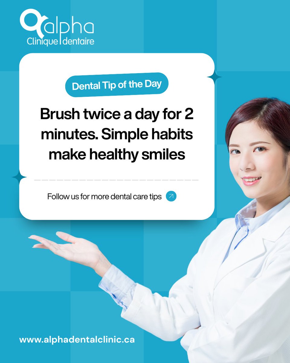 alphadentaire's tweet photo. 🦷 Dental Tip of the Day!

Brushing your teeth twice a day for 2 minutes is one of the simplest ways to keep your smile healthy. 

🌐 https://t.co/zqfYZexFal

#AlphaDentalClinic #DentalTip #HealthySmile #OralHealth #BrushTwiceADay #DentalCare #Smile #MontrealDentist https://t.co/RBBFqZ38el