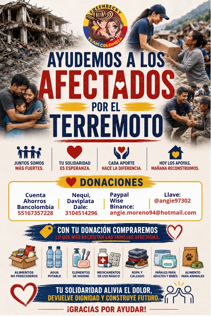 FREENBECKCOL_'s tweet photo. ### Unidos por Colombia 🇨🇴❤️

Hoy queremos unir nuestros corazones y nuestras manos para apoyar a quienes más lo necesitan. 🤝🇨🇴

Estamos **recibiendo donaciones** destinadas a ayudar a las personas y familias afectadas por la situación que atraviesa nuestro país.

Toda ayuda, grande o pequeña, puede marcar una diferencia. ❤️ Cada aporte representa solidaridad, esperanza y la oportunidad de llevar un poco de alivio a quienes hoy lo necesitan.

🇨🇴 **Colombia nos necesita unidos.**
🙏 Gracias a cada persona que pueda aportar, compartir y ayudar a que este mensaje llegue más lejos.

**Juntos podemos hacer la diferencia. ❤️🇨🇴**

#ColombiaUnSoloCorazón
#ColombiaNoEstáSola
#ColombiaSeLevanta
#Colombia #srchafreen‌ #beckysangels‌ #FreenBecky‌