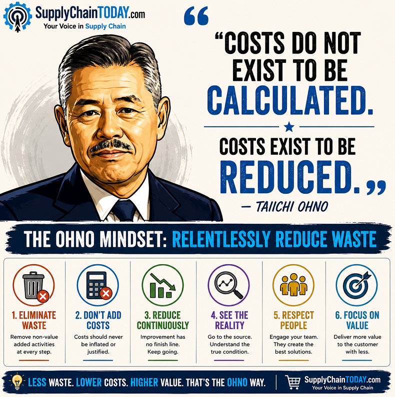 SupplyChainBlog's tweet photo. "Costs do not exist to be calculated. Costs exist to be reduced." ~Taiichi Ohno. Father of the Toyota Production System.
Collection of Taiichi Ohno Quotes: https://t.co/2cAg1tUte3
#leanmanufacturing #LeanThinking #ToyotaProductionSystem #OperationalExcellence https://t.co/qhPtLg9dip