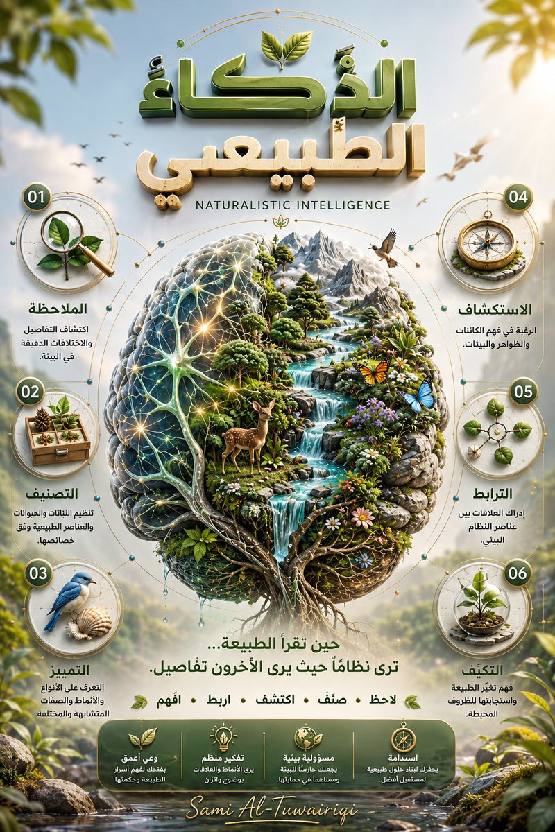 sami_obaad's tweet photo. #سلسلة_الذكاء
الحلقة السابعة
الذكاء الطبيعي
#NaturalisticIntelligence #MultipleIntelligences #MultipleIntelligence #NatureIntelligence #HumanIntelligence #Learning #Education #EducationalDesign #EdTech #CreativeLearning #VisualLearning #LearningDesign #NatureInspired #SystemsThinking #EnvironmentalAwareness #Sustainability #InfographicDesign #GraphicDesign #CreativeDesign
#الذكاء_الطبيعي #الذكاءات_المتعددة #NaturalisticIntelligence #MultipleIntelligences #Education #CreativeLearning #SystemsThinking #NatureInspired #التعليم #الإبداع #SamiAlTuwairiqi
Prompt 👇