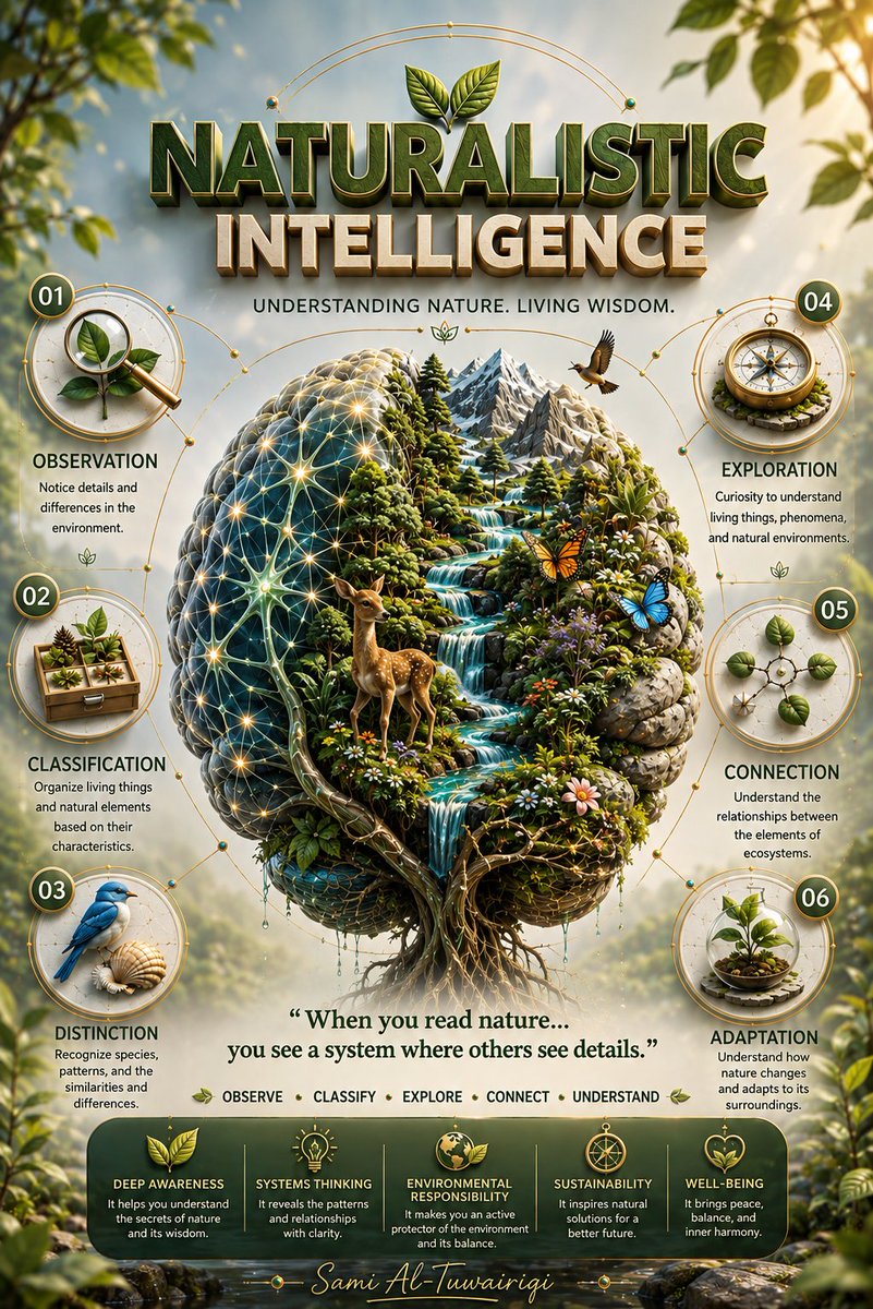 sami_obaad's tweet photo. #سلسلة_الذكاء
الحلقة السابعة
الذكاء الطبيعي
#NaturalisticIntelligence #MultipleIntelligences #MultipleIntelligence #NatureIntelligence #HumanIntelligence #Learning #Education #EducationalDesign #EdTech #CreativeLearning #VisualLearning #LearningDesign #NatureInspired #SystemsThinking #EnvironmentalAwareness #Sustainability #InfographicDesign #GraphicDesign #CreativeDesign
#الذكاء_الطبيعي #الذكاءات_المتعددة #NaturalisticIntelligence #MultipleIntelligences #Education #CreativeLearning #SystemsThinking #NatureInspired #التعليم #الإبداع #SamiAlTuwairiqi
Prompt 👇