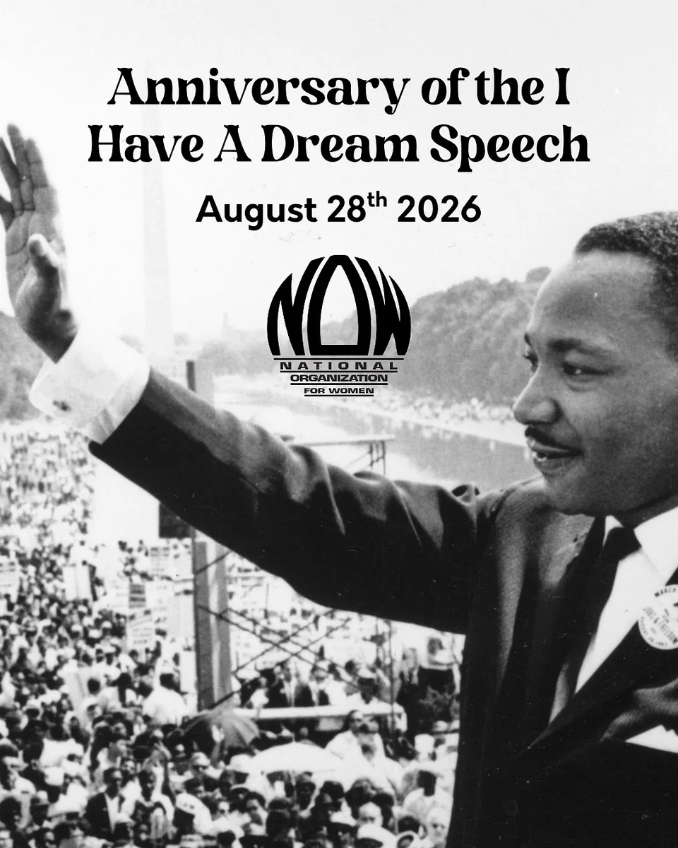 Black and white image of Martin Luther King Jr. addressing a crowd with the Washington Monument in the background, marked with text celebrating the anniversary of his "I Have a Dream" speech on August 28, 2026.