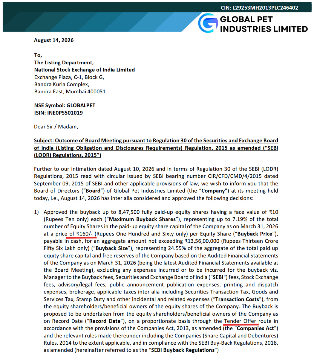 Focus_SME's tweet photo. #GLOBALPET Global Pet Industries update. Why waste time &amp; money by declaring a buyback at ₹160 when CMP is ₹162? Simply declare dividends or buy from open market. https://t.co/EKKUvJjGMz