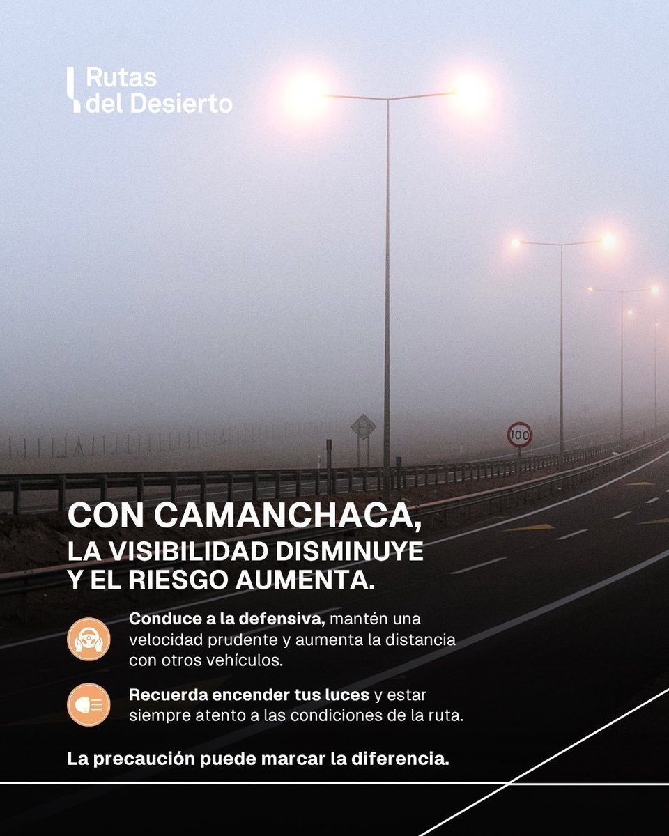 rutasiquique's tweet photo. #RutasDelDesierto 👉 Con camanchaca, la visibilidad disminuye y el riesgo aumenta. Ante situaciones climáticas adversas, recuerda disminuir la velocidad, aumentar la distancia entre vehículos, llevar las luces del vehículo encendidas, y siempre colocado tu cinturón de seguridad. https://t.co/lSwGTVBXFI