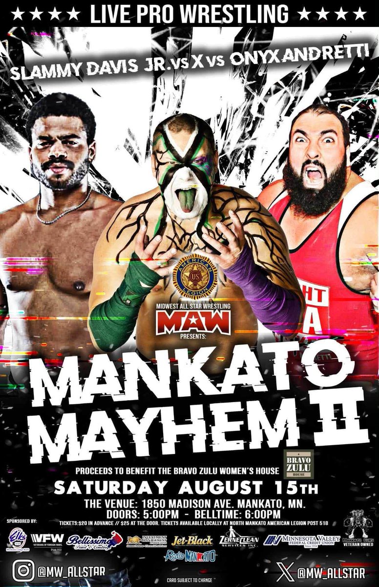 PondonMadison's tweet photo. 🔥 THE CARD IS SET! 🔥

Mankato Mayhem II takes over The Venue TOMORROW NIGHT! 💥🤼

🚪 Doors: 5 PM
🔔 Bell Time: 6 PM
🎟️ $20 Advance | $25 at the door

Live Pro Wrestling. Big personalities. Total MAYHEM.

#MankatoMayhem #MankatoMN https://t.co/tjyFCcStoD