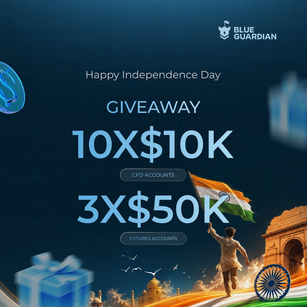 blueguardianIN's tweet photo. 🇮🇳 Happy Independence Day, India! 🇮🇳

To all our Indian traders and the incredible Indian trading community — wishing you a very Happy Independence Day! ❤️

To celebrate, we’re giving away:

🎁 10 × $10K CFD Accounts
⚡ 3 × $50K Futures Accounts

To enter:
1️⃣ Follow @blueguardianIN 
2️⃣ RT this post
3️⃣ Comment your trading goal for rest of 2026

Let’s celebrate freedom with some funded accounts! 🇮🇳