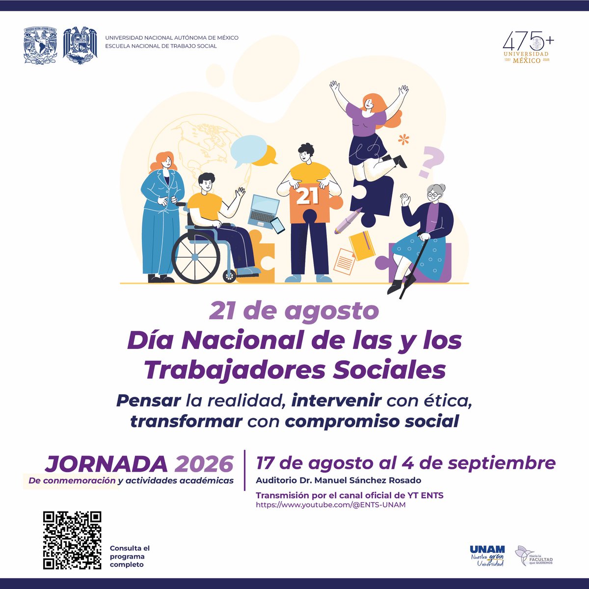 ENTSUNAMOficial's tweet photo. 📣 21 de agosto | Día Nacional de las y los Trabajadores Sociales

📅 Del 17 de agosto al 4 de septiembre
📍 Auditorio Dr. Manuel Sánchez Rosado
📺 Transmisión por el canal oficial de YouTube de la ENTS

🔎 Consulta el programa completo:
https://t.co/A4CrSLb5qI https://t.co/NQhPibD5E9