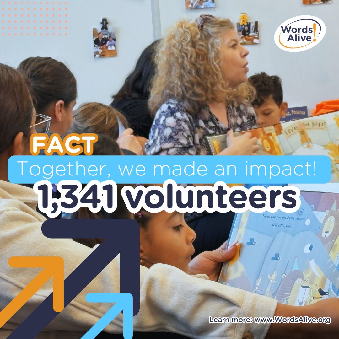 WordsAliveSD's tweet photo. 📚 Fact-Filled Friday! Together, we made an impact! 🙌 This school year, 1,341 volunteers brought the joy of reading to classrooms, homes &amp; communities. 💚 Thank you for helping children discover that books open endless possibilities! https://t.co/F3RmSdinAp