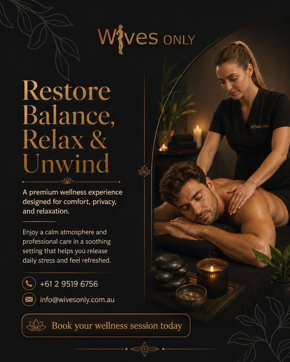 Wivesonlyau's tweet photo. ✨ Ready to Relax, Recharge &amp; Feel Refreshed? 🌿💆‍♂️

📞 +61 2 9519 6756
📧 info@wivesonly.com.au
📅 Book your wellness session today.
#WivesOnly #SydneyMassage #SydneyWellness #MassageSydney https://t.co/nTgBOdqY6S