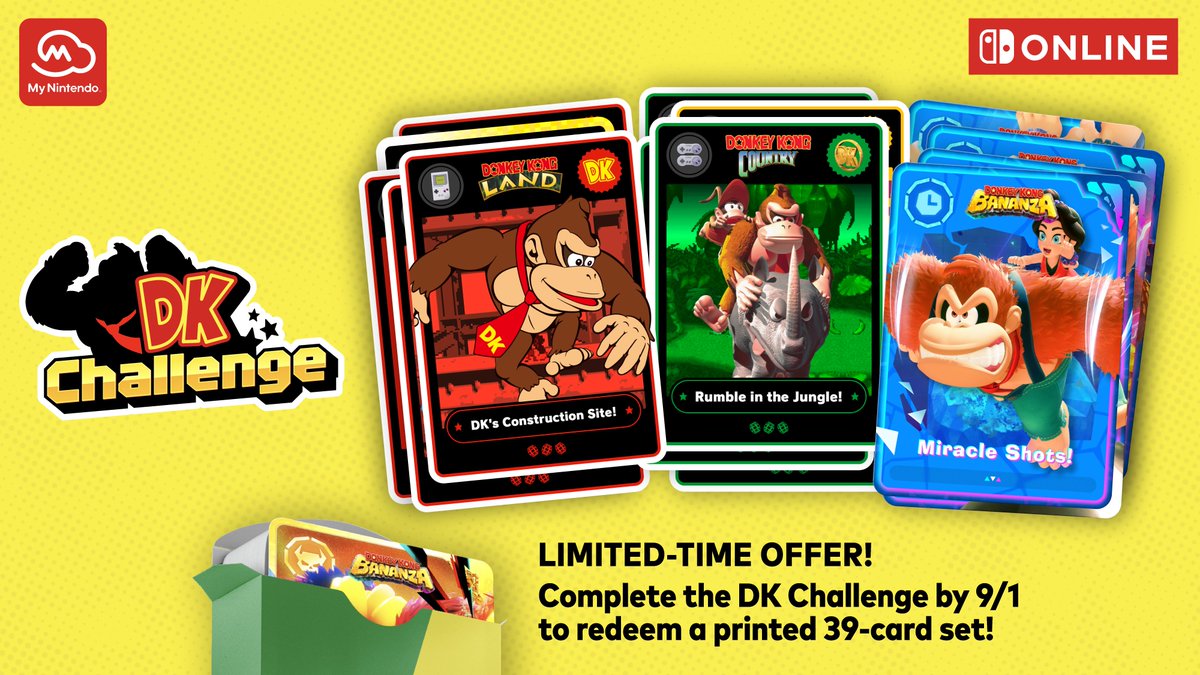 Wario64's tweet photo. Complete DK Challenges by Sept 1st on NSO and get a physical 39-card set and custom card case. No My Nintendo Platinum Points are required to redeem this reward. https://t.co/CAworSWHhI 

39 cards with individual designs
24 cards featuring challenges in Donkey Kong Bananza
15 cards featuring retro challenges in select Nintendo Classics titles

Card size: 2 1/2" W x 3 1/2" H