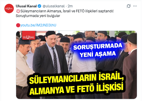 erkanpehl's tweet photo. Ulusal Kanal gehört zu den kemalistischen Nationalisten, die Erdogans Säuberungen gegen die sog. Süleymancis, in 🇩🇪 bekannt als #VIKZ - Verband der Islamischen Kulturzentren, unterstützen. Angeblich soll die islamische Gruppierung "Verbindungen" zu Israel, Deutschland
1 https://t.co/WGOgXTbUeM