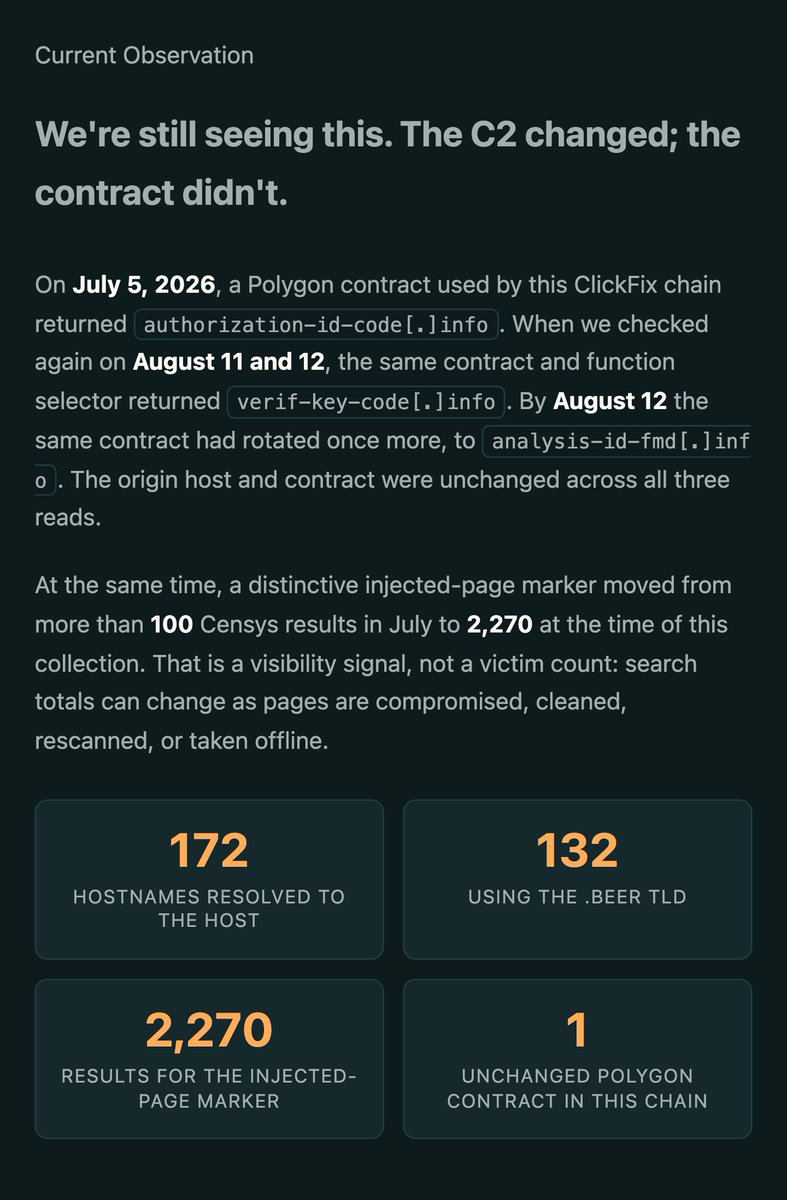 ex_raritas's tweet photo. I had the pleasure of digging into some errTraffic v4 activity with @thehappydinoa and @SeraphimDomain this week in the @censysio dataset. 

Here is a quick update on what we found.

🧵👇👇👇

#CENSYSARC #ThreatIntel #IOCs #errTraffic #etherhiding #webinjects https://t.co/xfz5du3Nfu