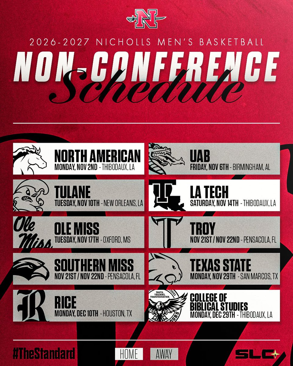 Nicholls_MBB's tweet photo. Our 2026-2027 Non-Conference Schedule is set⚔️🗓️

#TheStandard https://t.co/W8b6u2Ymr6