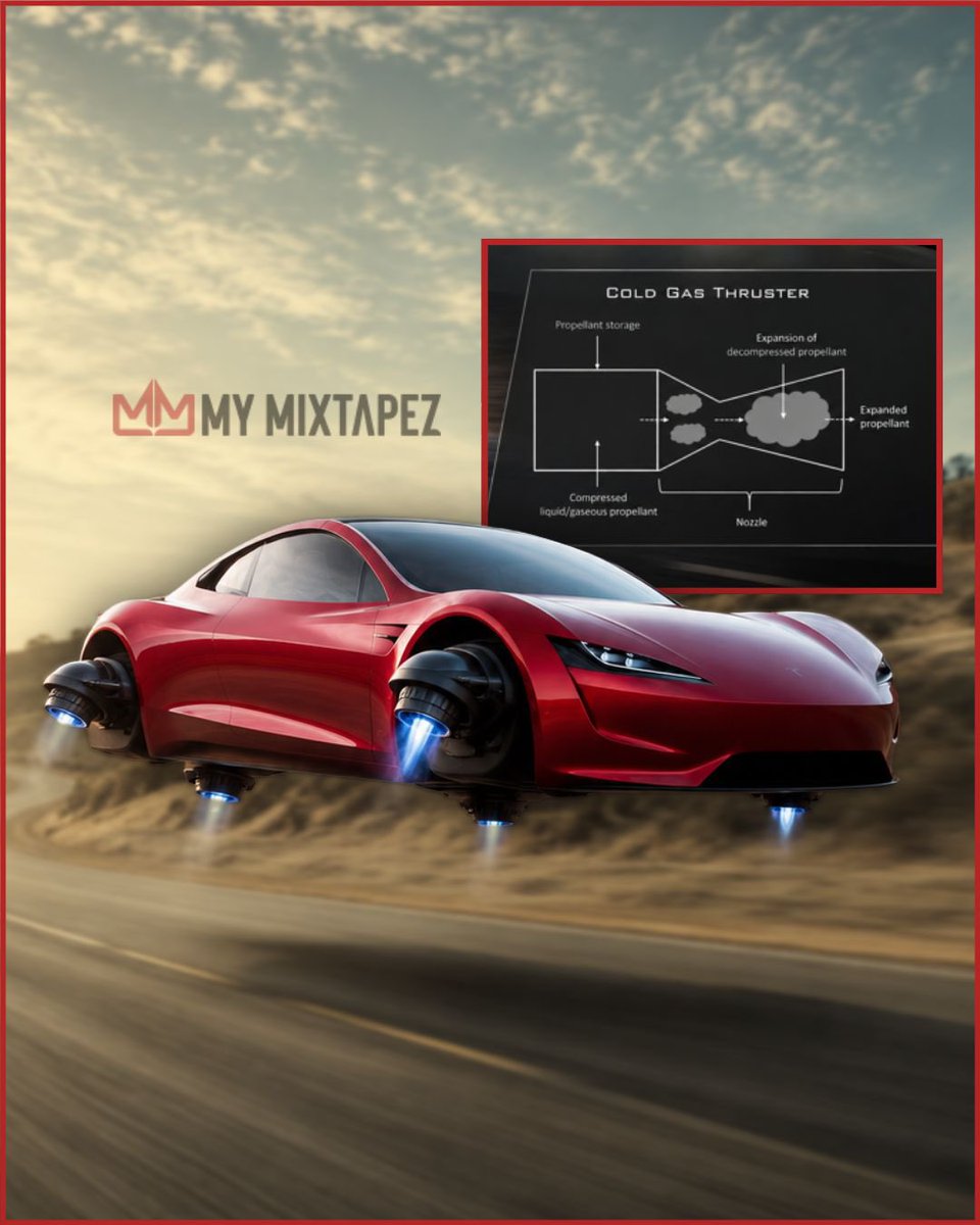 mymixtapez's tweet photo. Tesla is reportedly preparing to unveil a SpaceX-powered Roadster that uses cold-gas thrusters to “fly.” 🤯 https://t.co/GeVfPtSTiI