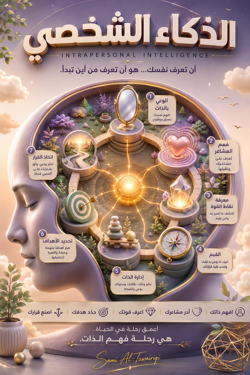 sami_obaad's tweet photo. #سلسلة_الذكاء
الحلقة الثامنة
الذكاء الشخصي
:
#IntrapersonalIntelligence #SelfAwareness #SelfKnowledge #KnowYourself #SelfDevelopment #PersonalGrowth #EmotionalIntelligence #SelfManagement #GrowthMindset #MultipleIntelligences #CriticalThinking #FutureSkills #CreativeThinking #AIArt #AI #ArtificialIntelligence #GenerativeAI #PromptEngineering #DigitalArt #EducationalDesign
#الذكاء_الشخصي #الوعي_بالذات #تطوير_الذات #IntrapersonalIntelligence #SelfAwareness #PersonalGrowth #MultipleIntelligences #PromptEngineering #AIArt #SamiAlTuwairiqi
Prompt 👇