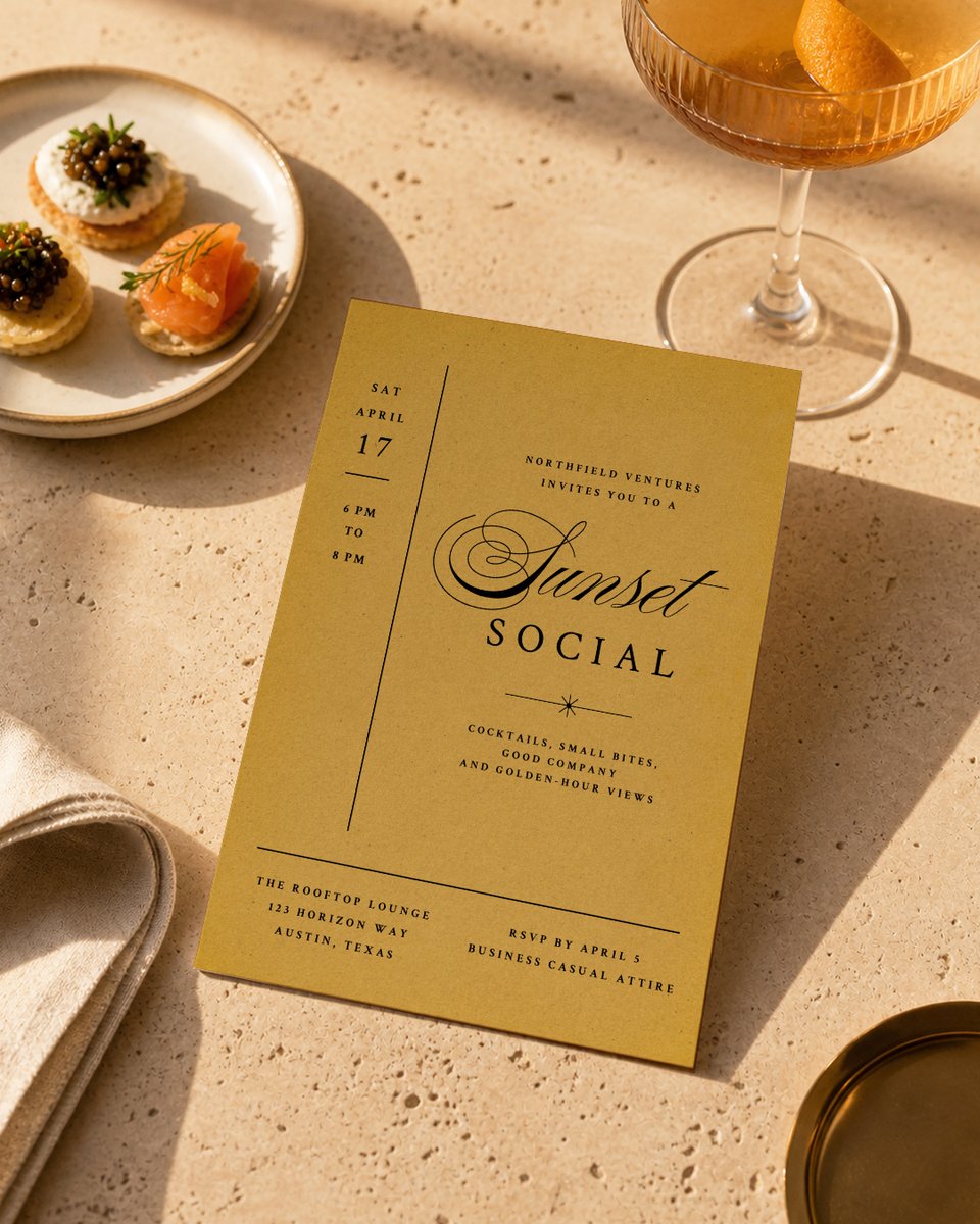 ClaudiaOwenBlog's tweet photo. Cocktails • Small bites • Good company • Golden-hour views

Explore this design &amp; more at @Greenvelope⁠
⁠
#sunsetsocial #happyhour #cocktailparty #networkingevent #corporateevent #summerparty #goldenhour #partyinvitation #eventplanning #greenvelope https://t.co/QN41DvpmTs
