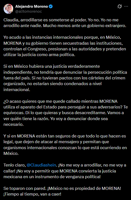 AztecaNoticias's tweet photo. “¡No me voy a arrodillar, no me voy a callar!”

@alitomorenoc rechazó que sus denuncias ante organismos internacionales impliquen someterse a un gobierno extranjero.

El dirigente nacional del @PRI_Nacional aseguró que acude a estas instancias porque @PartidoMorenaMx tiene secuestradas las instituciones en nuestro país, las cuales pretenden utilizar como arma política.

https://t.co/wq5RRJftGF