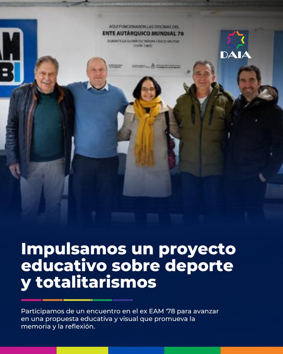 DAIAArgentina's tweet photo. Los integrantes de la Secretaría de Lucha contra el Antisemitismo en el Deporte de la DAIA, David Sznajderhaus y Daniel Sztutwojner junto a Marisa Braylan, directora del Centro de Estudios Sociales de esa entidad y Jonathan Karszenbaum, director ejecutivo del Museo del Holocausto, fueron recibidos en lo que fue el EAM 78, ente que organizó el mundial 78 durante la última dictadura, por Julián Scabbiolo, Coordinador de la Comisi��n de Trabajo por la reconstrucción de nuestra identidad y Secretario de la Comisión Directova del club Pinocho.

En el encuentro se avanzó con las tareas vinculadas a un proyecto educativo y visual sobre la vinculación entre el deporte y los totalitarismos.
