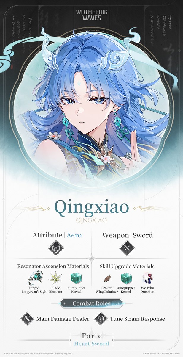 Wuthering_Waves's tweet photo. Profile Reveal | Heart Sword — Qingxiao

Loading Data>>>
✦Qingxiao✦
A reclusive sword cultivator who holds the nominal title of Xuan Paragon of Xuanfang Hold, and a peerless master of both qin and sword. Aloof and distant, she seems untouched by emotion.
The world knows her as the Sword Transcendent. For years beyond counting, she has stood guard over these lands, and the cold light of her blade remains as keen as the day she first drew it.

Check the link for more information: https://t.co/FPdW3BwFQn

#WutheringWaves #Qingxiao