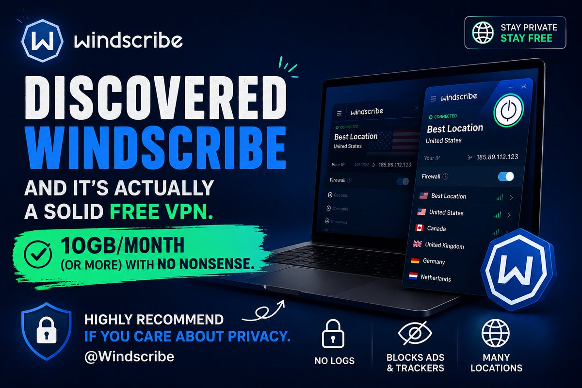 ABMGamingX's tweet photo. discovered Windscribe and it’s actually a solid free VPN. 10GB/month (or more) with no nonsense. 

Highly recommend if you care about privacy. @Windscribe https://t.co/CNgjzi8A8Q