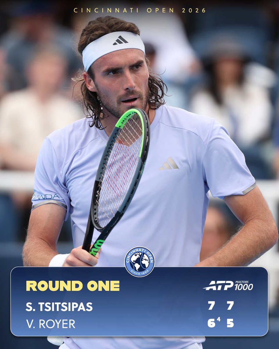 CincyTennis's tweet photo. Welcome to Tsitsinnati 🕺

@stefanos defeats Valentin Royer 7-6(4), 7-5 to secure his 2R spot in Cincy.

#CincyTennis https://t.co/4f5559pfbD