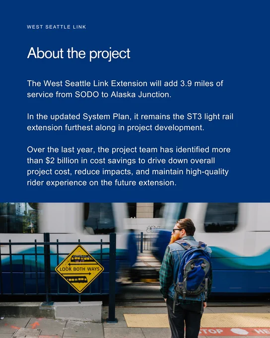 A person stands on a train platform near a "Look Both Ways" sign, watching a train pass by. The image includes text about the West Seattle Link Extension project, highlighting the addition of 3.9 miles of service from SODO to Alaska Junction and the benefits identified by the project team, such as cost savings and improved rider experience.