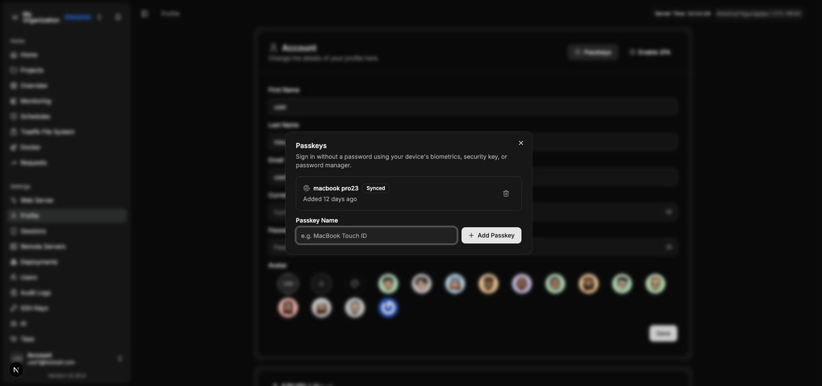 getdokploy's tweet photo. Auth got a real upgrade.

- Passkeys — sign in without a password.
- Session management — see every active session and revoke the ones you don't recognize.
- SCIM 2.0 provisioning (Enterprise) https://t.co/nOBr6Nt6aJ
