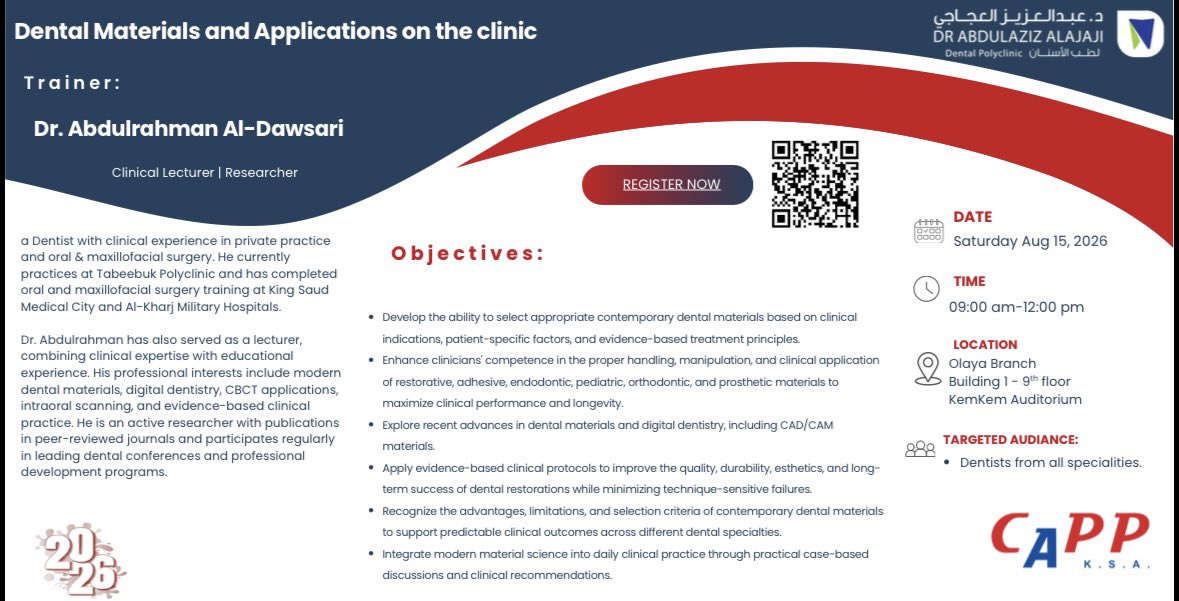 abd_ulrhmn1's tweet photo. Proud and excited to deliver “Dental Materials and Clinical Applications” tomorrow. 🦷

سعيد بتقديم هذه المحاضرة ومشاركة المعرفة والخبرة مع الزملاء.

Wishing everyone a successful and enriching session! ✨
@CappKsa https://t.co/wVGljztjgG
