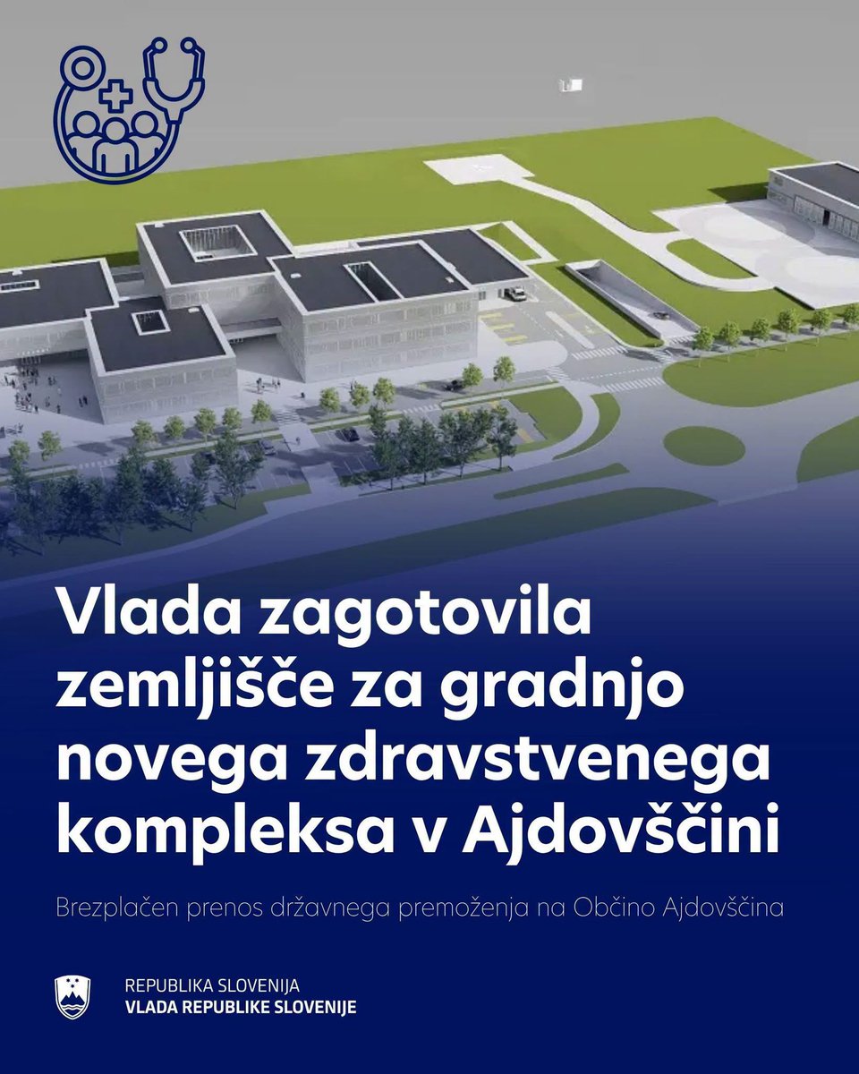 vladaRS's tweet photo. ✅ Vlada je sklenila, da na Občino Ajdovščina brezplačno prenese dve državni zemljišči v skupni površini 28.545 kvadratnih metrov v vrednosti 2,53 milijona evrov, kar bo omogočilo začetek realizacije 32 milijonov evrov vrednega zdravstvenega kompleksa.

Poleg zdravstvenega doma sprejeta odločitev vlade omogoča tudi vzpostavitev Centra za helikoptersko reševanje s hangarjem za dva helikopterja, operativno sobo ter prostori za 24-urno bivanje reševalnih ekip. 

S tem bo Ajdovščina postala tretja baza helikopterske nujne medicinske pomoči v Sloveniji.